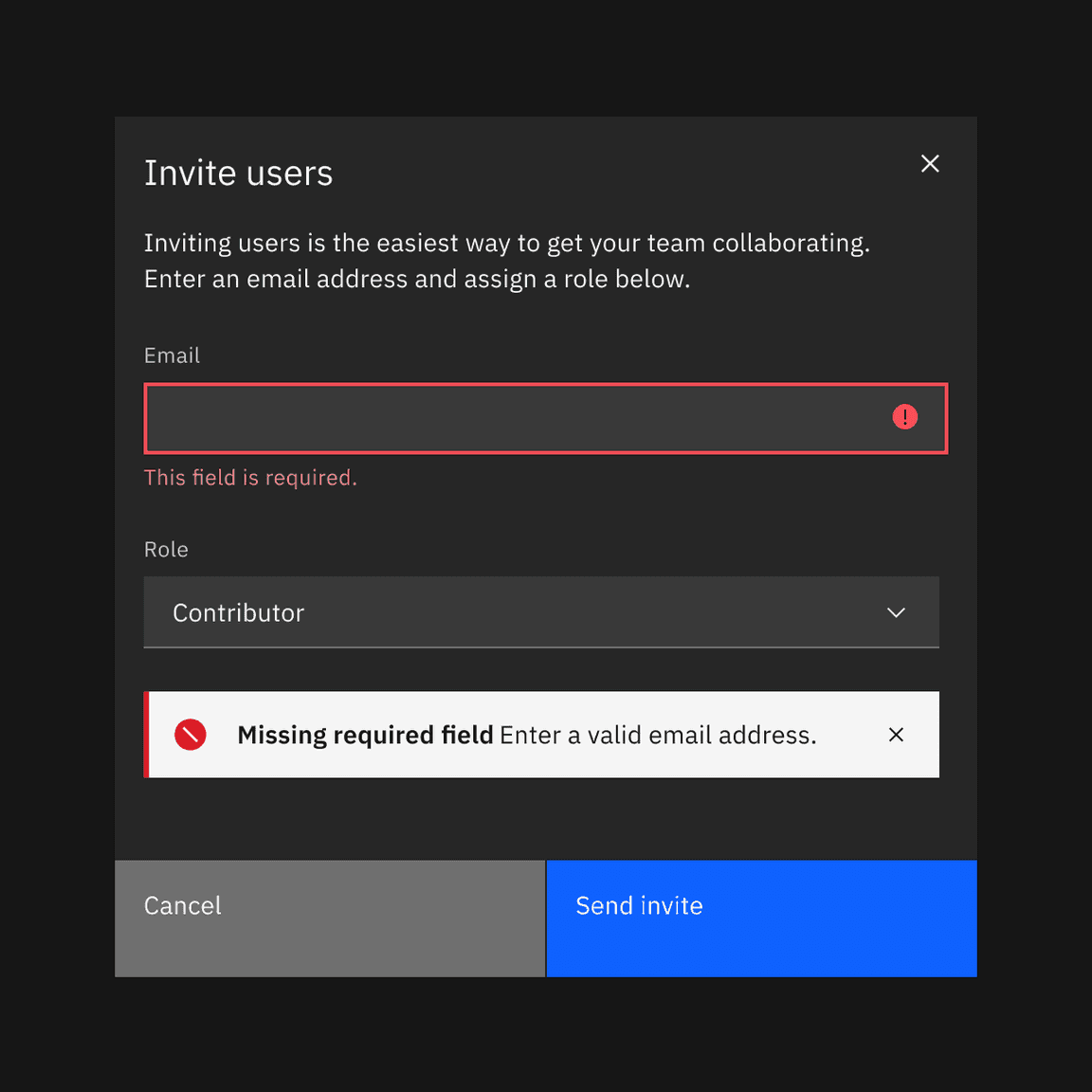 Example of inline notification  supporting an error message on a form