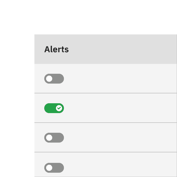 Toggles in the Alert column of a table show their "on" state with a green tickmark