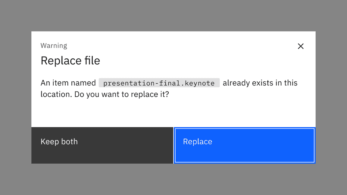 Primary button takes default focus when there’s no other actionable component in a dialog.