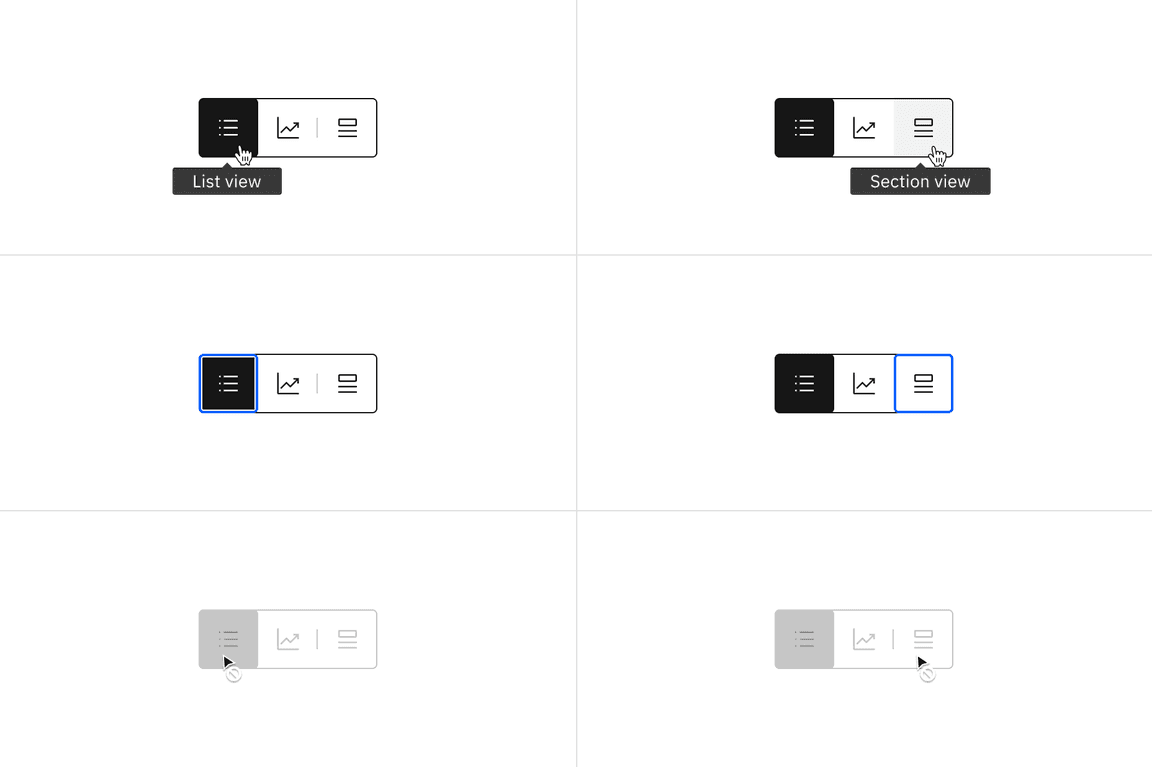 Example of icon content switcher high contrast interactive state color