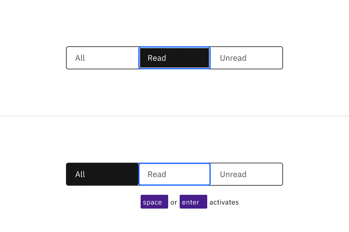 Two variants of a content switcher with tabs called All, Read and Unread. In the first, the Read tab is selected and focused. In the second the All tab is selected and the Read tab has a focus indicator